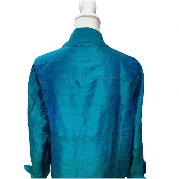 VTG ANU by Natural Silk Jacket XL Teal Blue Iridescent Shantung Top Art To Wear - Picture 8 of 11